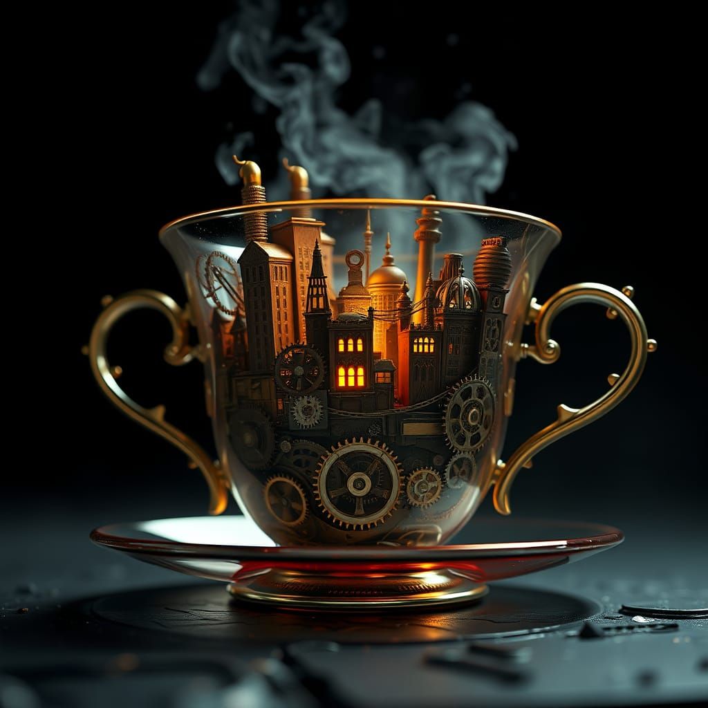 Steampunk Teacup with Mechanical Cityscape