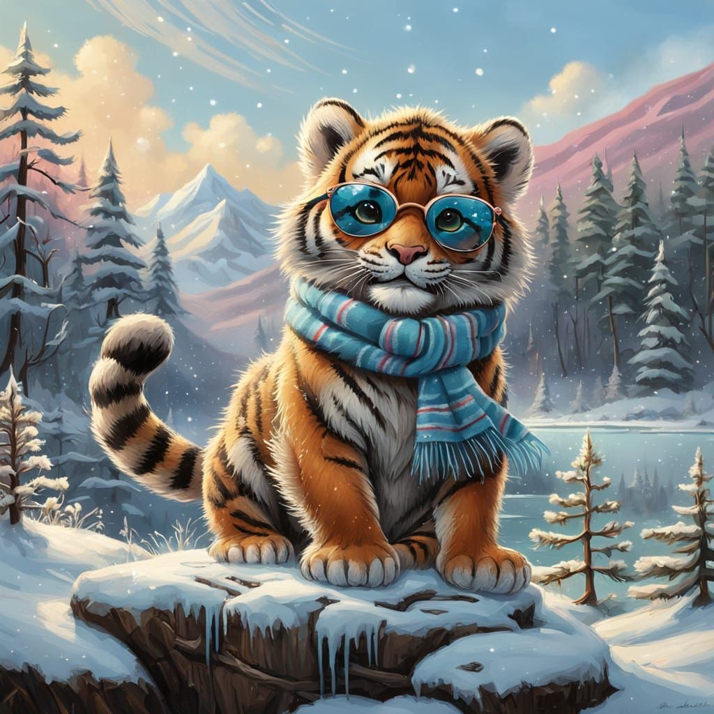 Whimsical Tiger Cub in Winter Wonderland