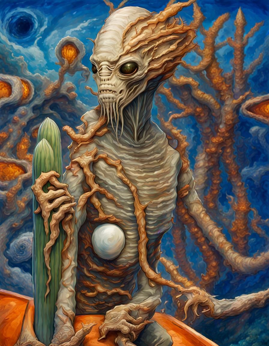 mummified alien creature with a dried-up trichocereus pachanoi in its arms in the cockpit of the spaceship, 3D, porcelai...