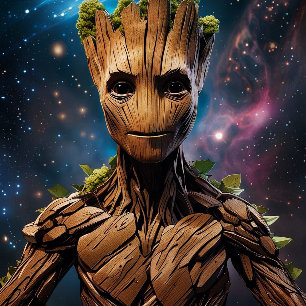 Detailed Groot Portrait in a Cosmic Setting