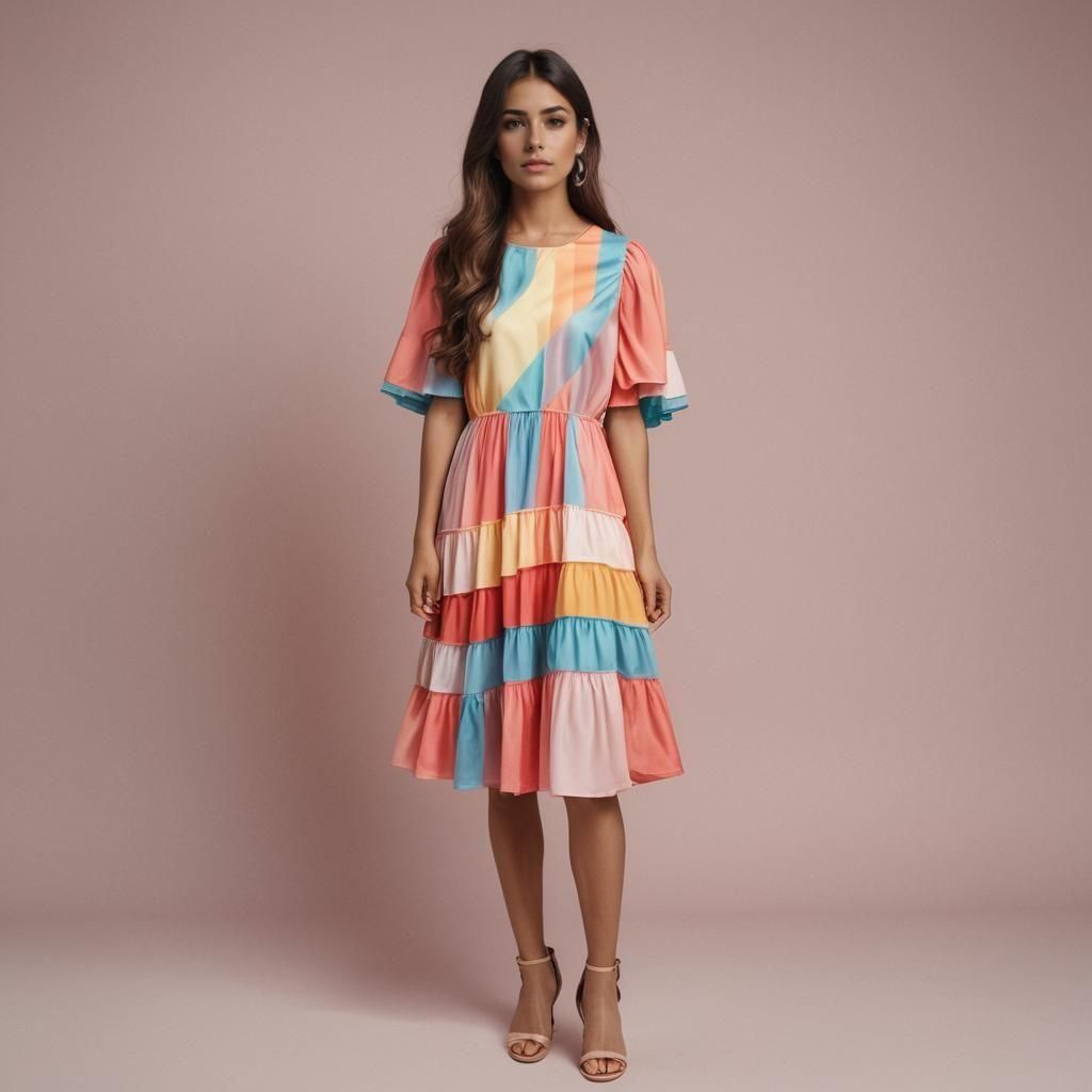 Beautiful Hispanic Model in Pastel Rainbow Dress
