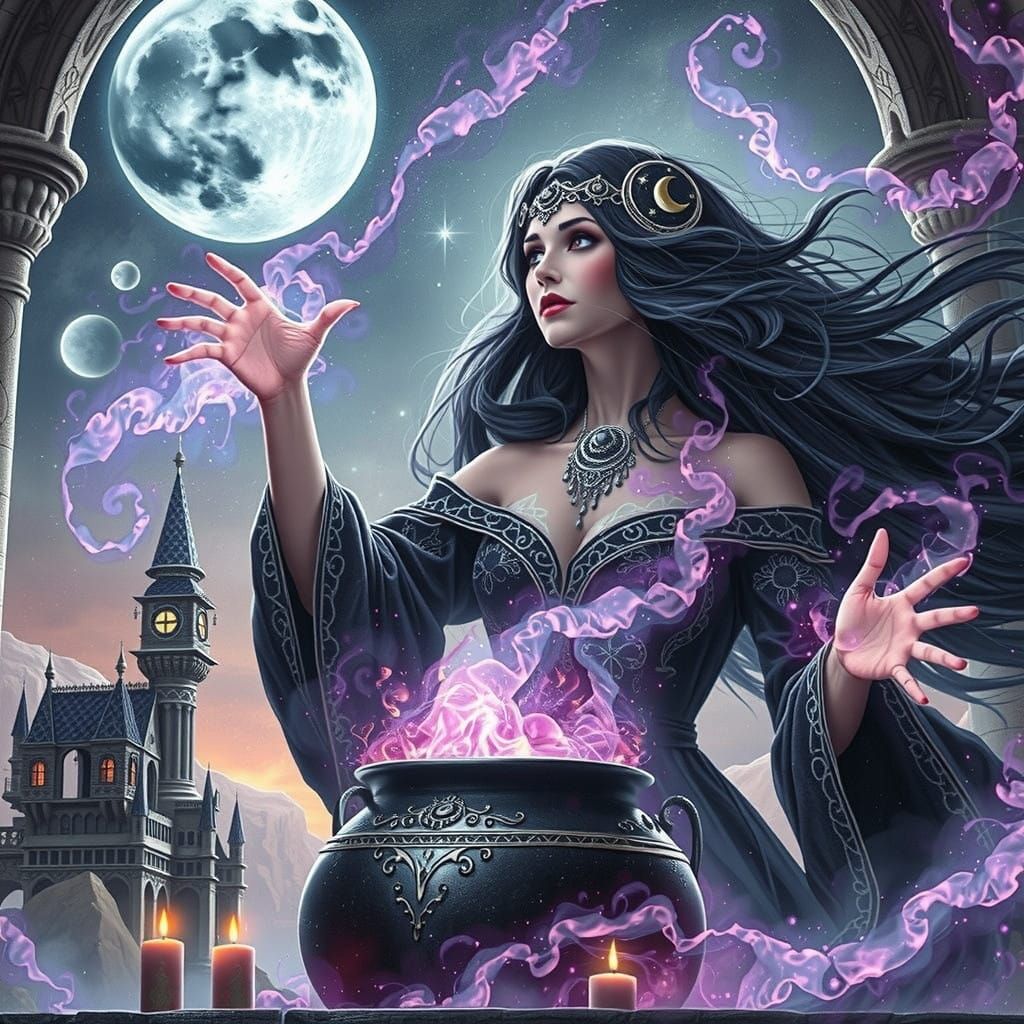 Moonlit Sorceress on Miranda, Enchanted by Lunar Magic