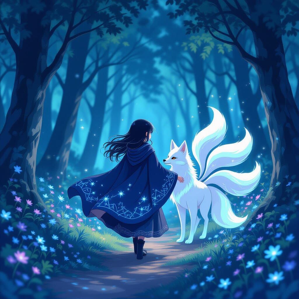 Anime Mage Girl and Fox Spirit in Enchanted Forest