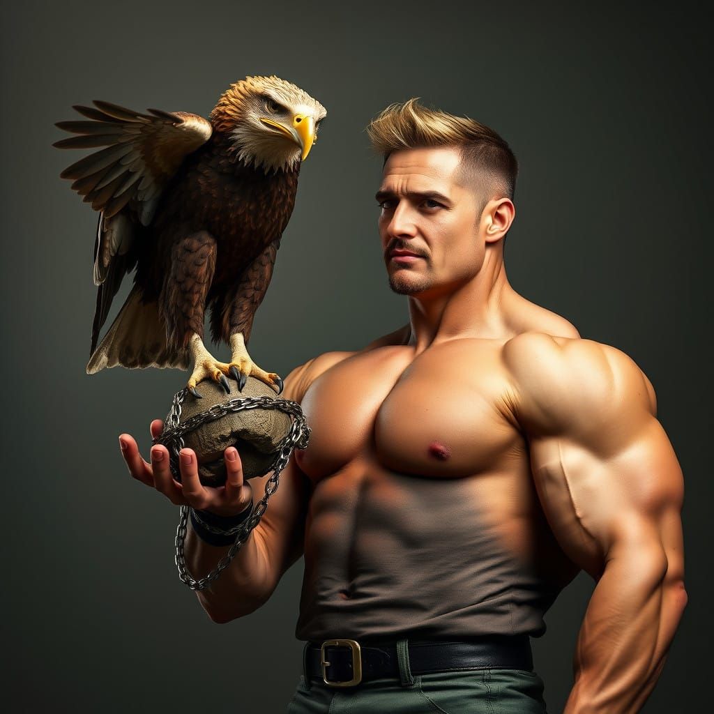 Bodybuilder Poses with Mighty Eagle Companion