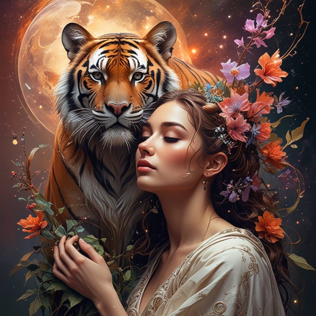 Ethereal Goddess Embracing a Tiger in Vibrant Earth Tones