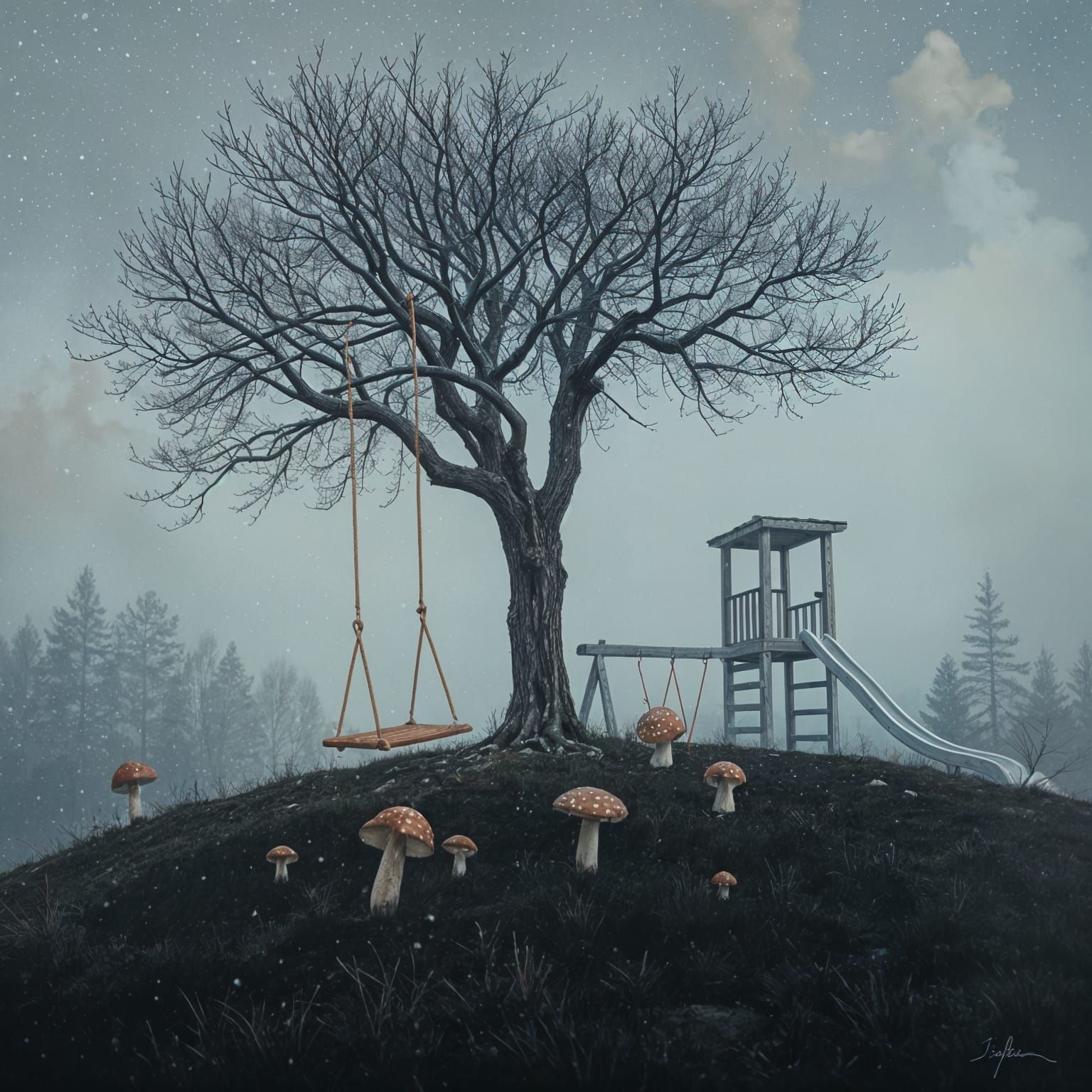 Lonely Tree on Snowy Hill: Acrylic Painting