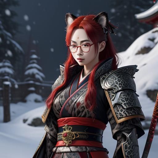 Snow Leopard Neko Samurai in Ancient Japan