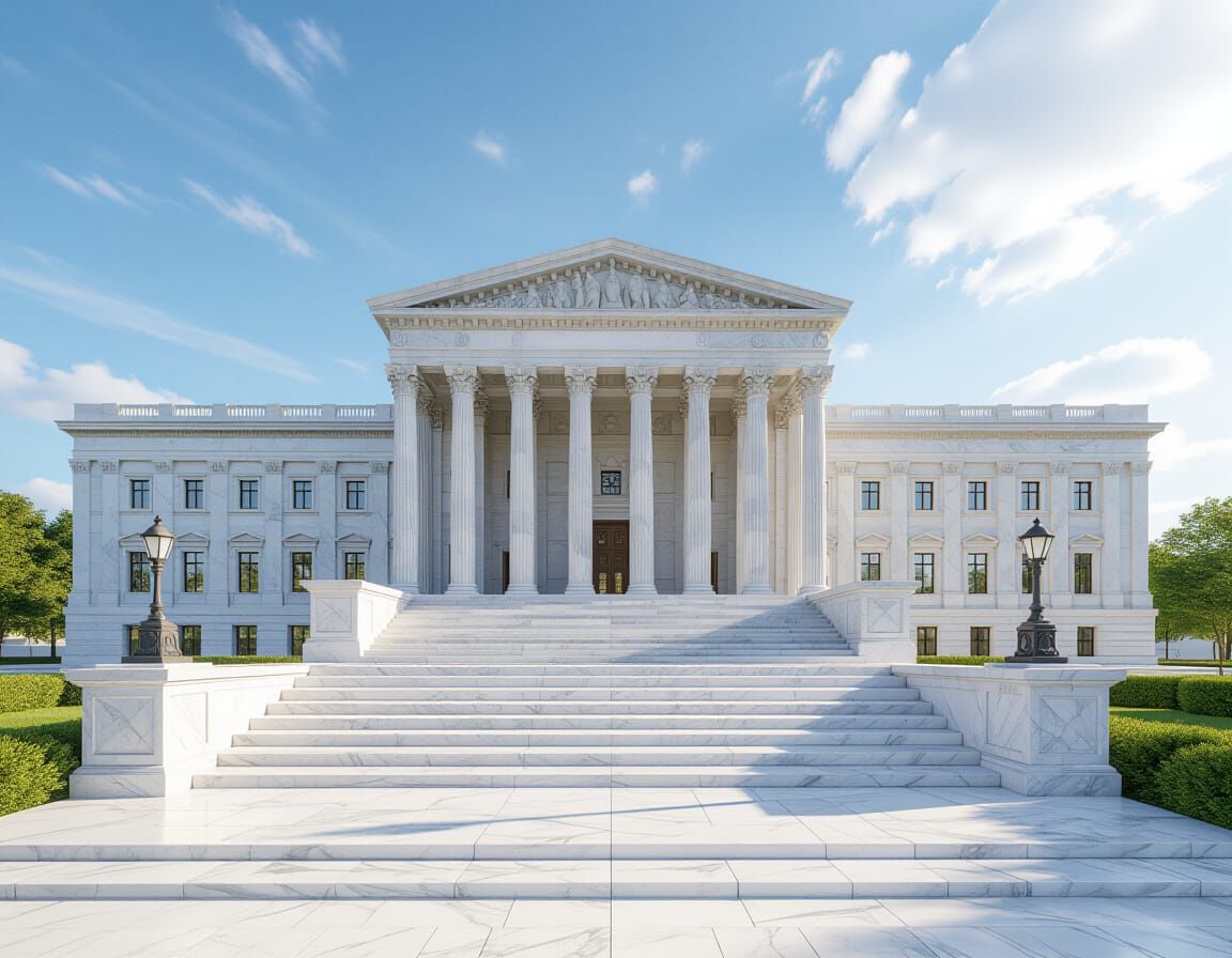 Grand Senate Building with Sunlit Marble Walkway