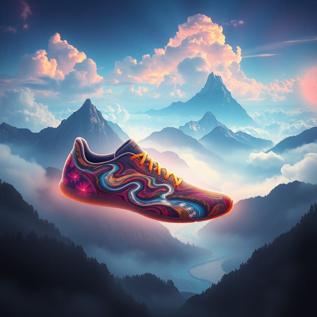 Surreal Shoe with Flowing Rivers and Misty Mountains