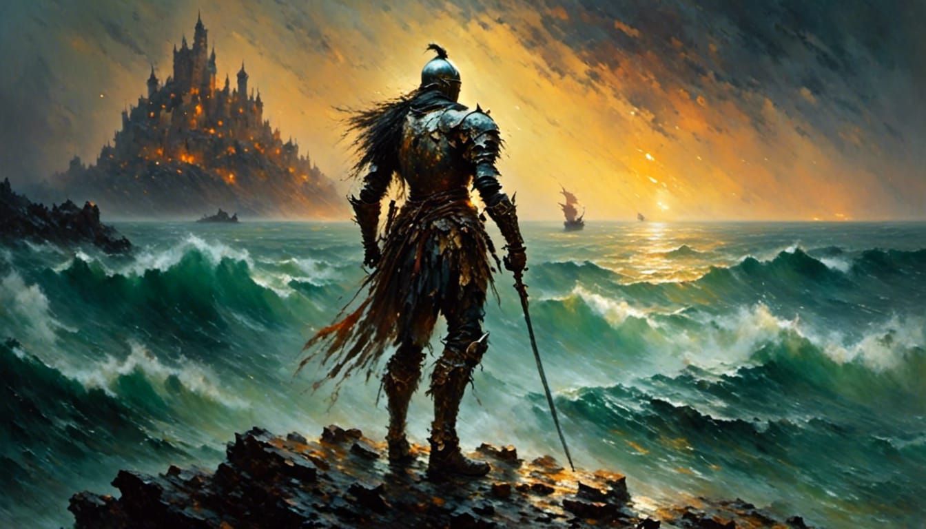 Shining Knight at Ocean's Edge: Fantasy Art