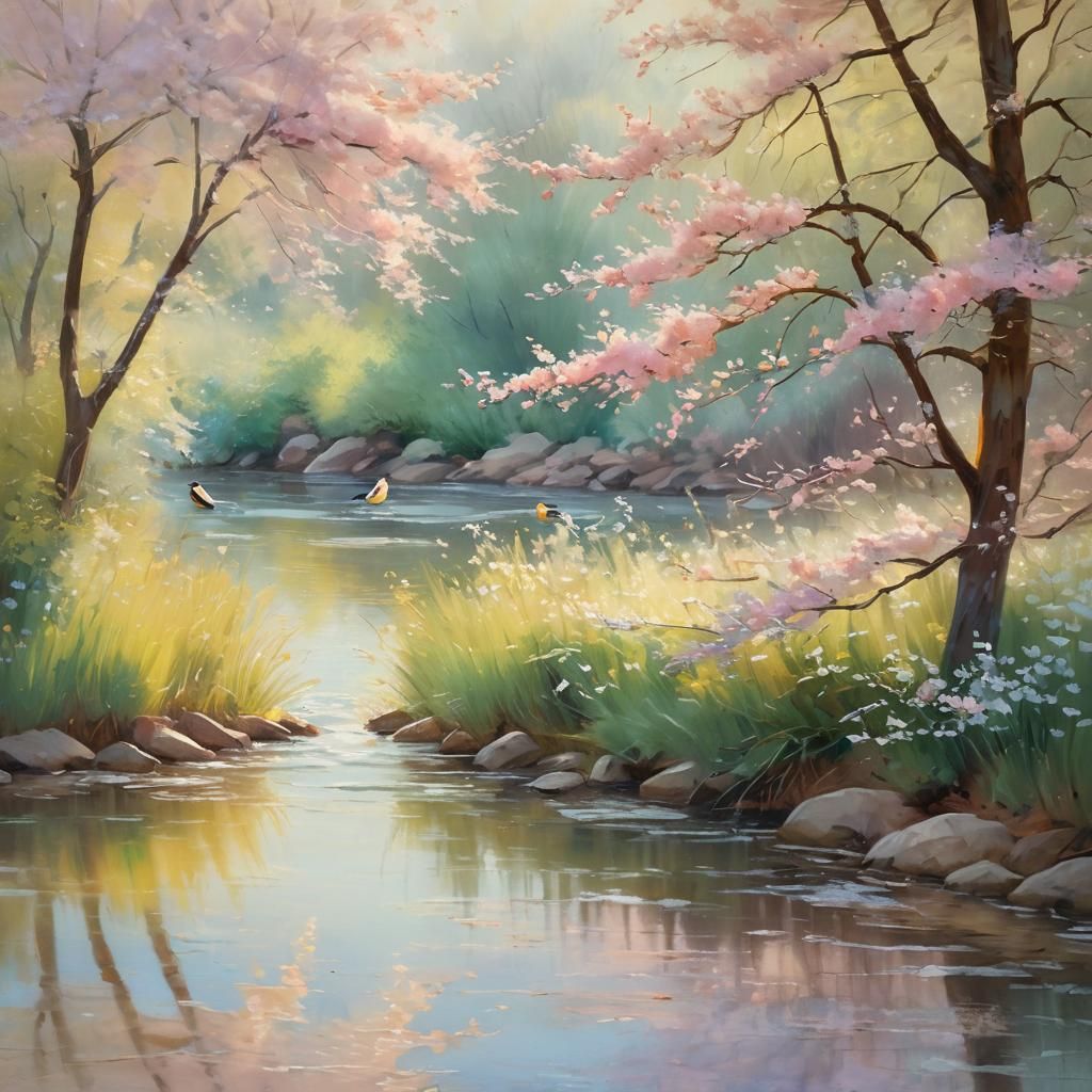Impressionist Landscape with Birds in Pastel Colors