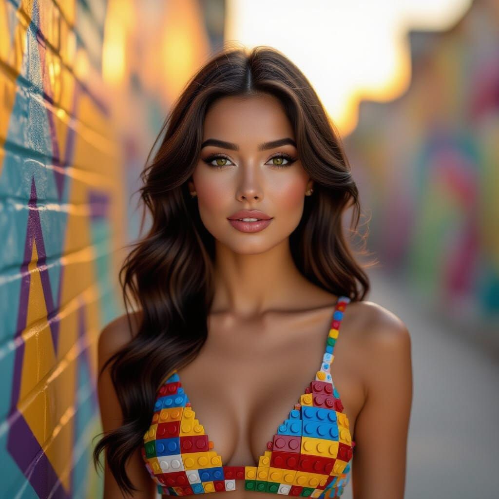 Young Woman Made of Lego Bricks in Golden Hour Light