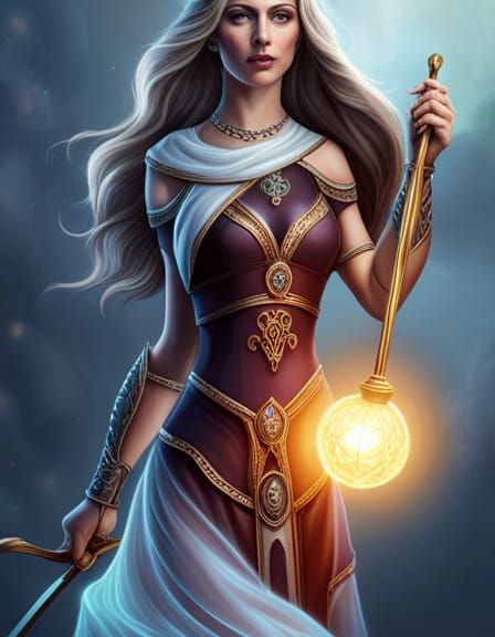 Hyperrealistic Goddess with Magical Runic Staff
