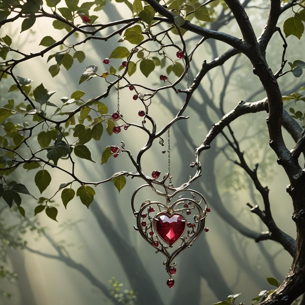 Ruby Heart Pendant in Art Nouveau Style