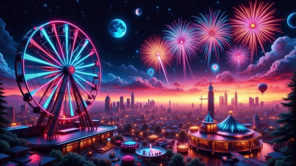 Surreal Nighttime Amusement Park Scene with Fireworks