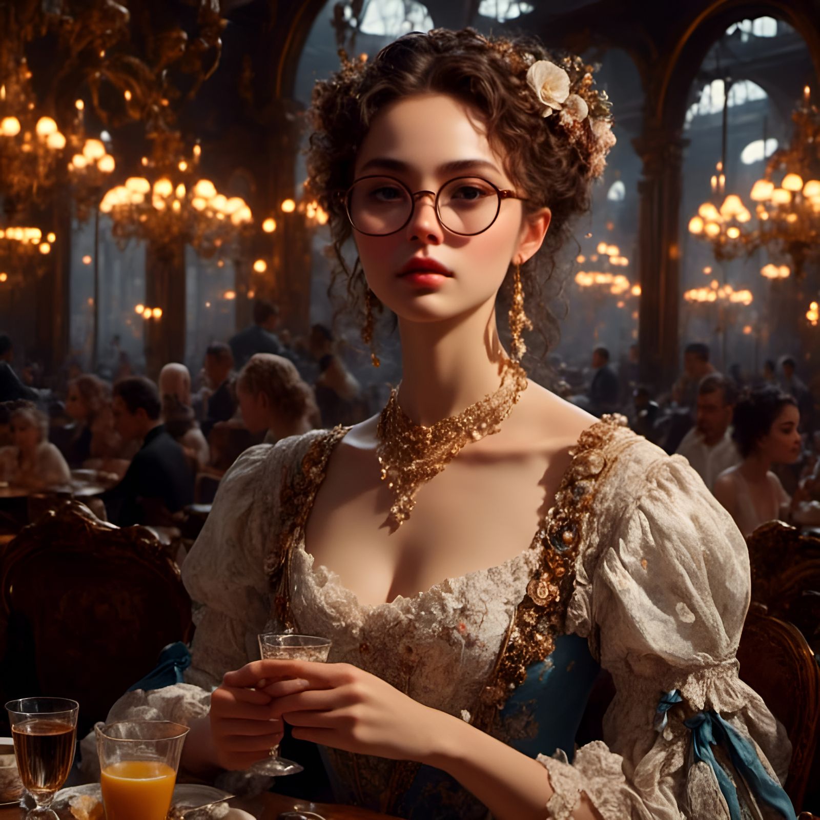 Woman in Café: Rococo Style, Graffiti Effects