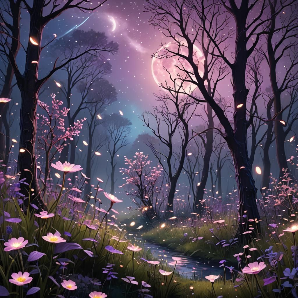 Create magical woodland scene. Night time. Mostly purples an...