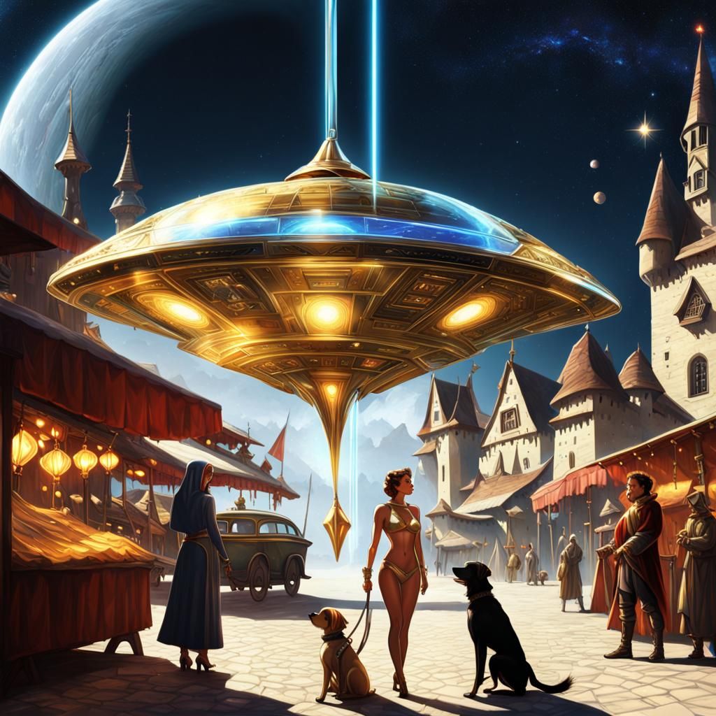 Futuristic UFO Landing in Medieval Marketplace
