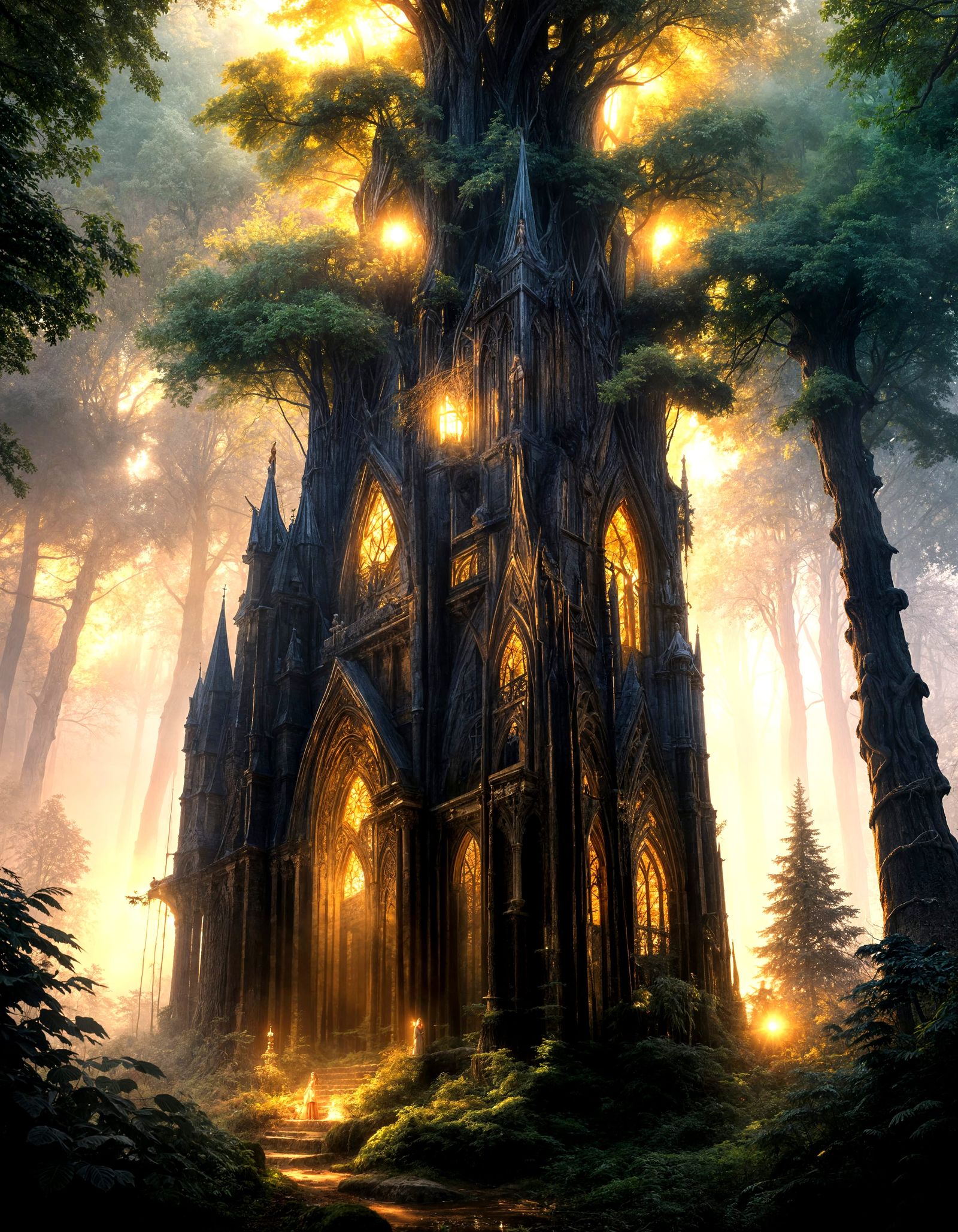 Mystical Gothic Forest with Petrykivka Symbolism