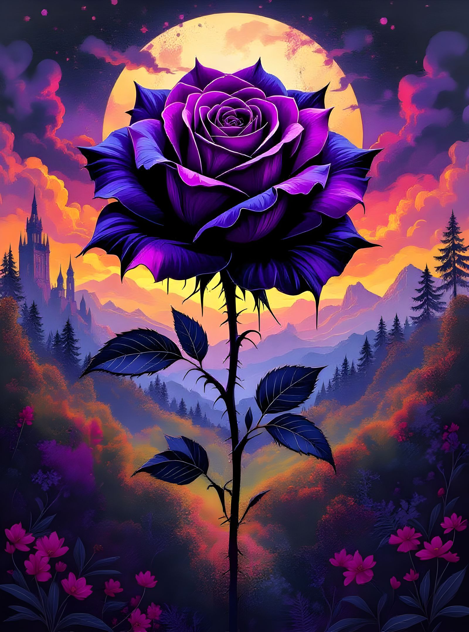 Gothic Rose Graffiti Art with Fantasy Landscape