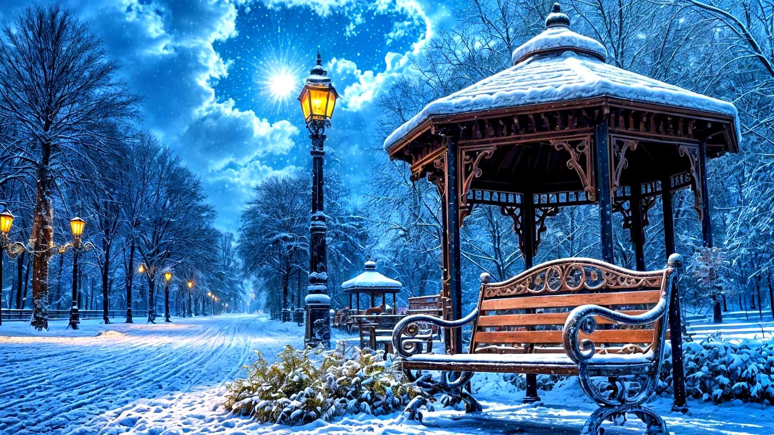 Winter Park at Night: Maximalist Oil Painting