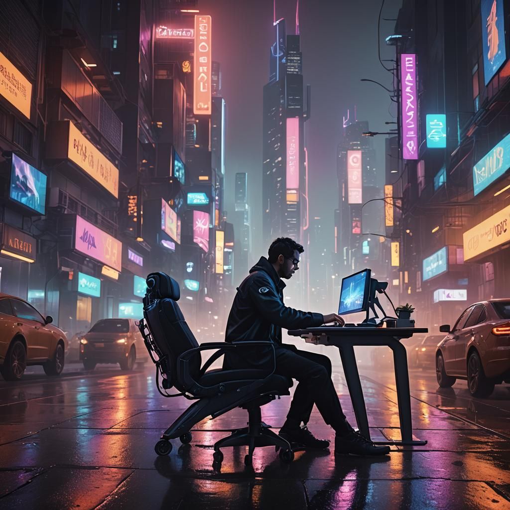 Disabled IT Professional in Futuristic Cityscape