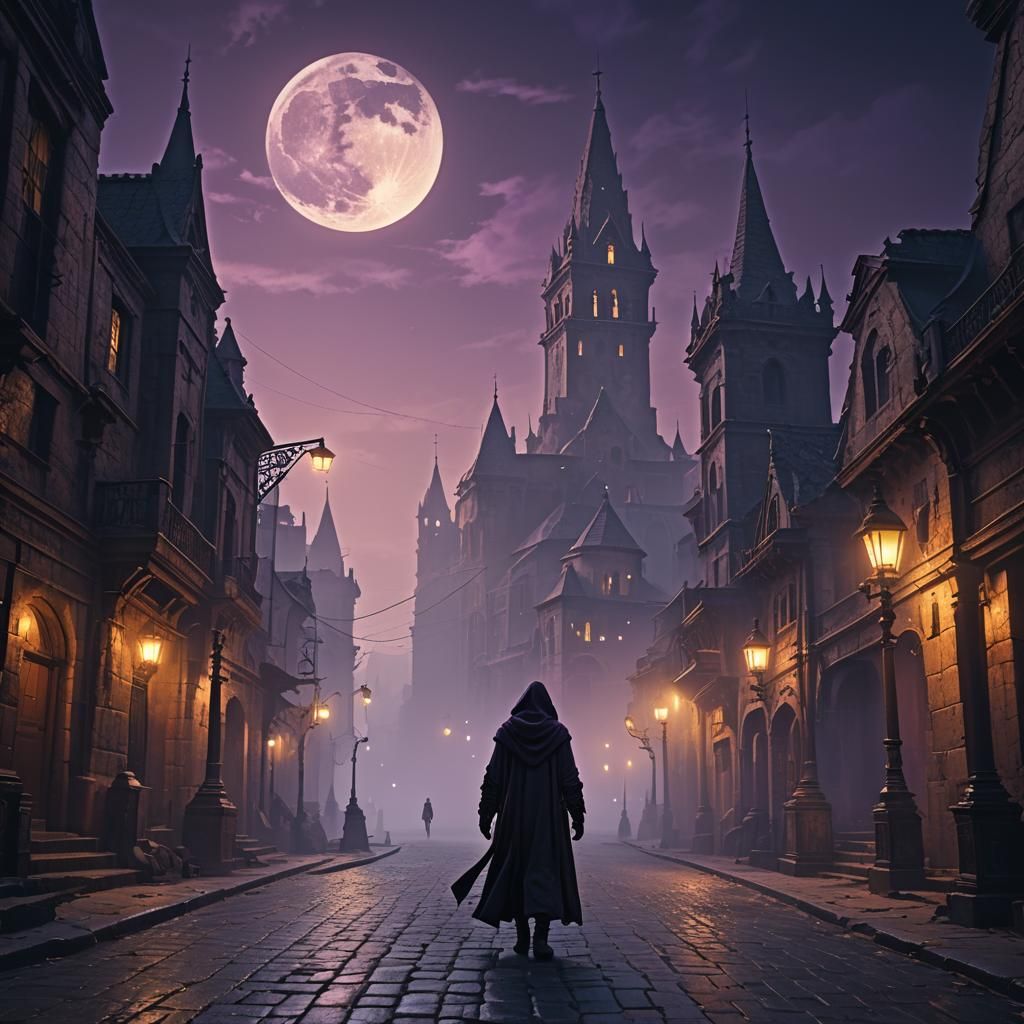 Mysterious Hooded Figure in Moonlit Cityscape