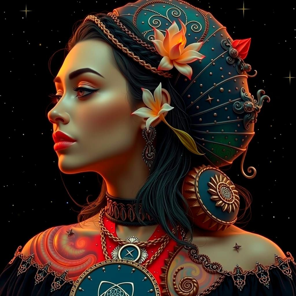 Woman with Jasmine and Starry Fibonacci Sky