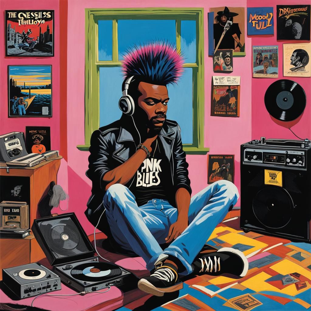 Punk Rocker in Cubist Style with Album