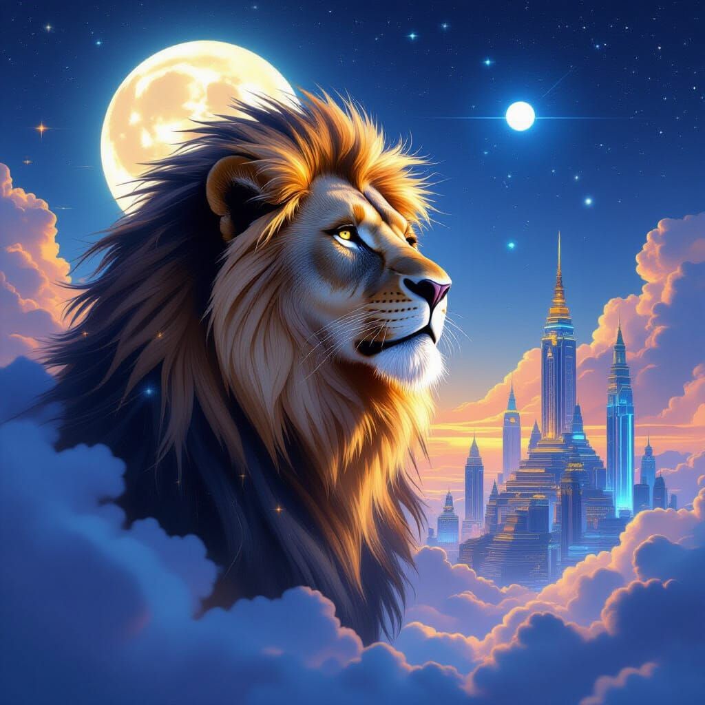 Lion with Starlight Mane in Futuristic Cloud City
