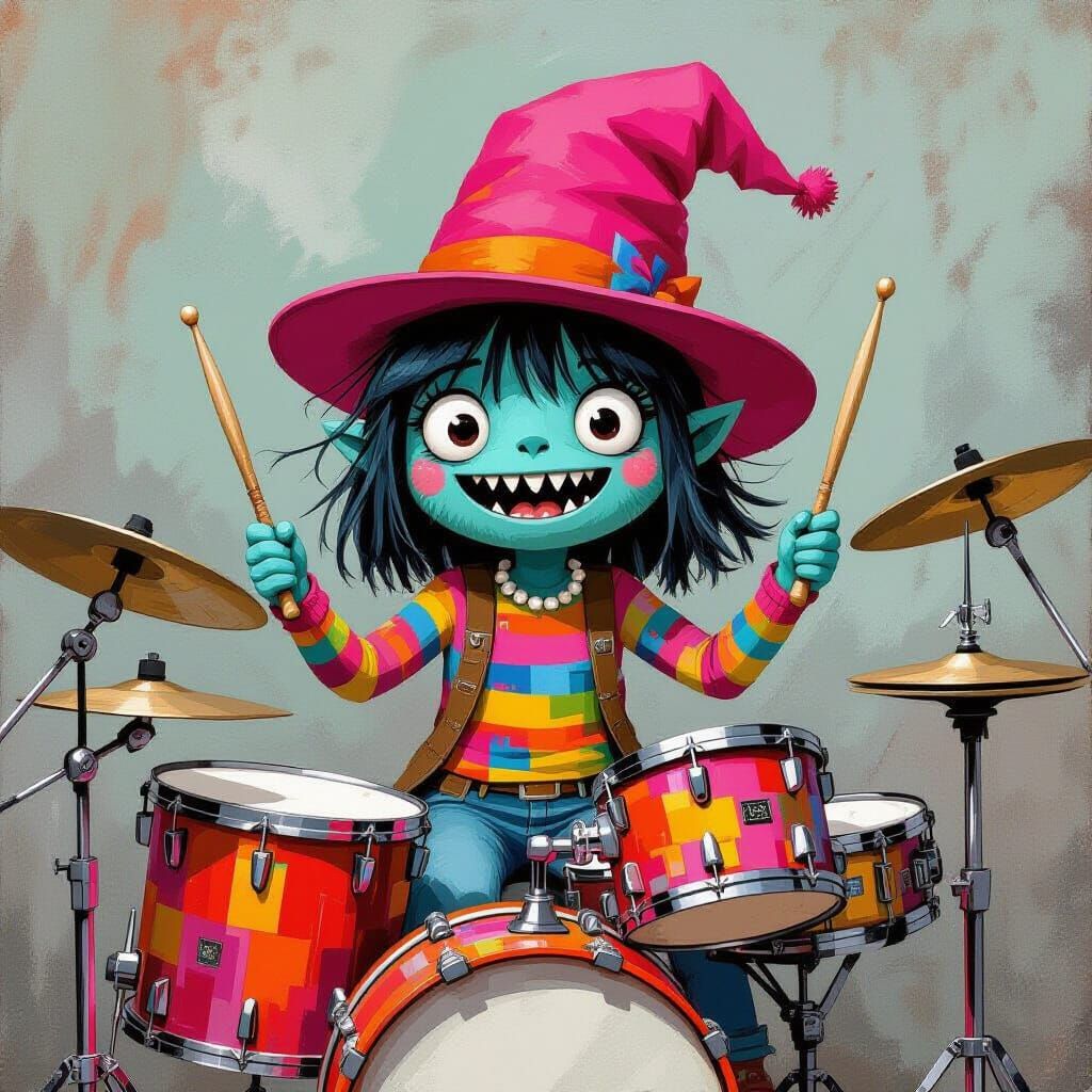 Cute Monster Girl Drumming Energetically