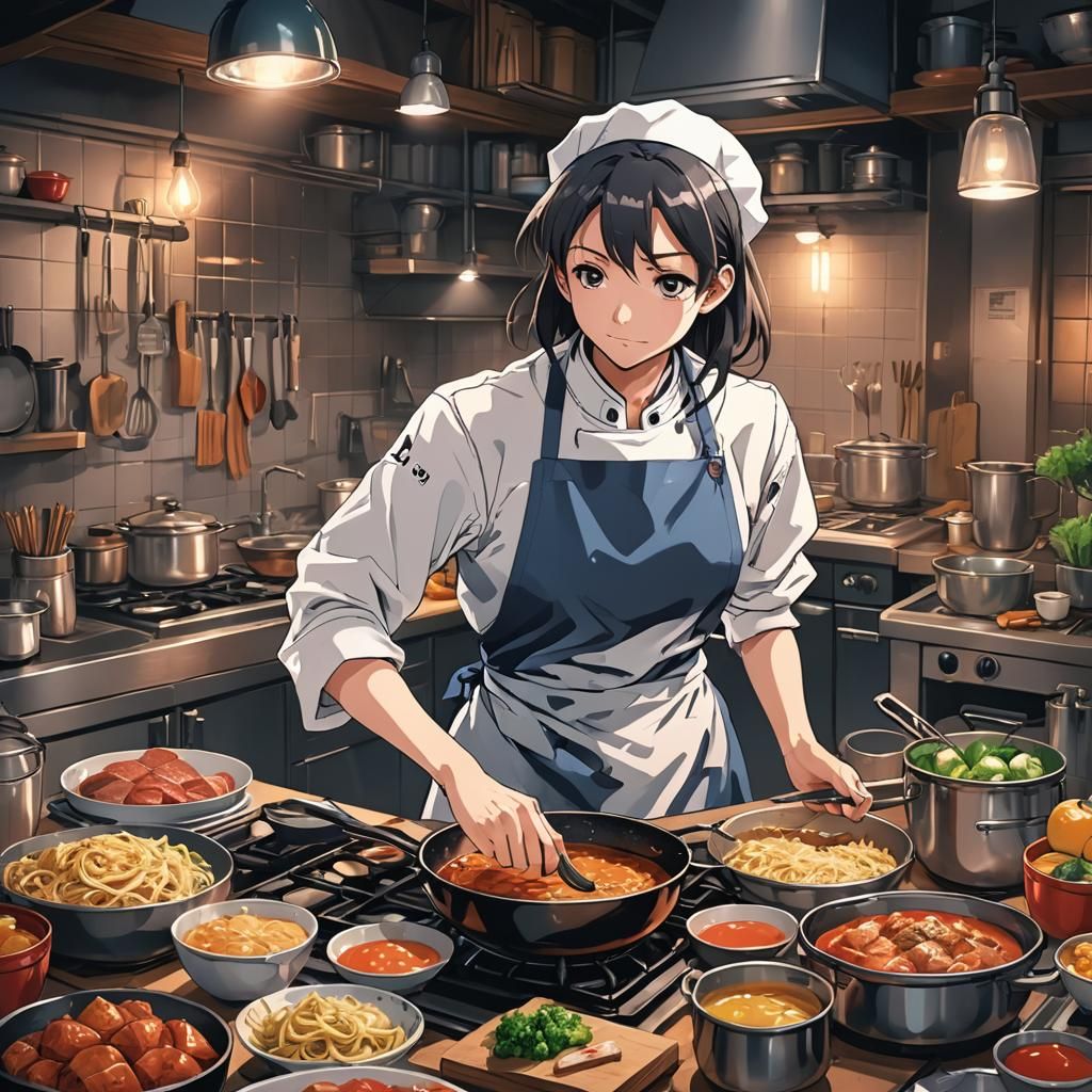 Manga Style Cooking Scene in Anime Wallpaper Art