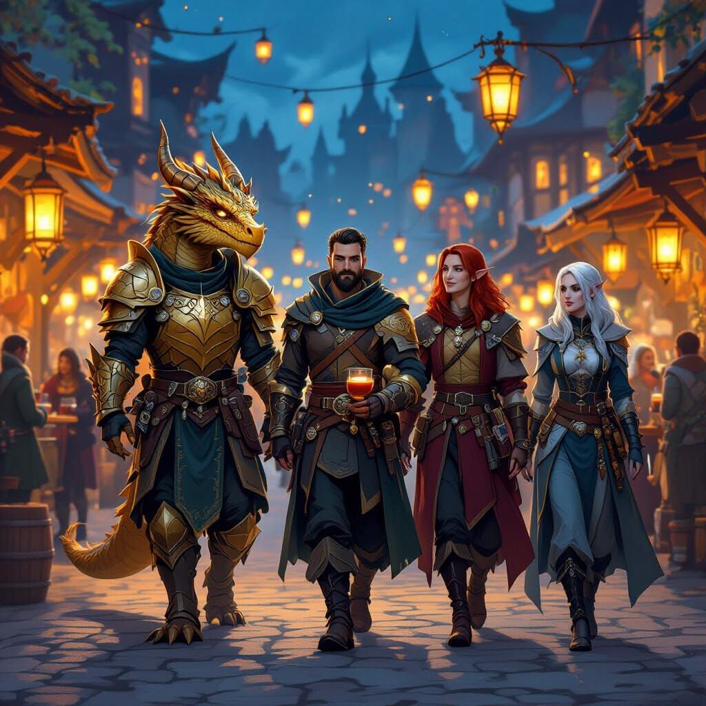 Adventurers in a Lively Festival Marketplace