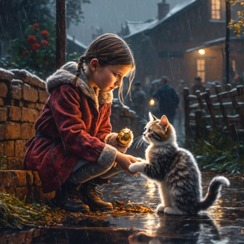 Girl Helping Cat on Rainy Day: Fantasy Art