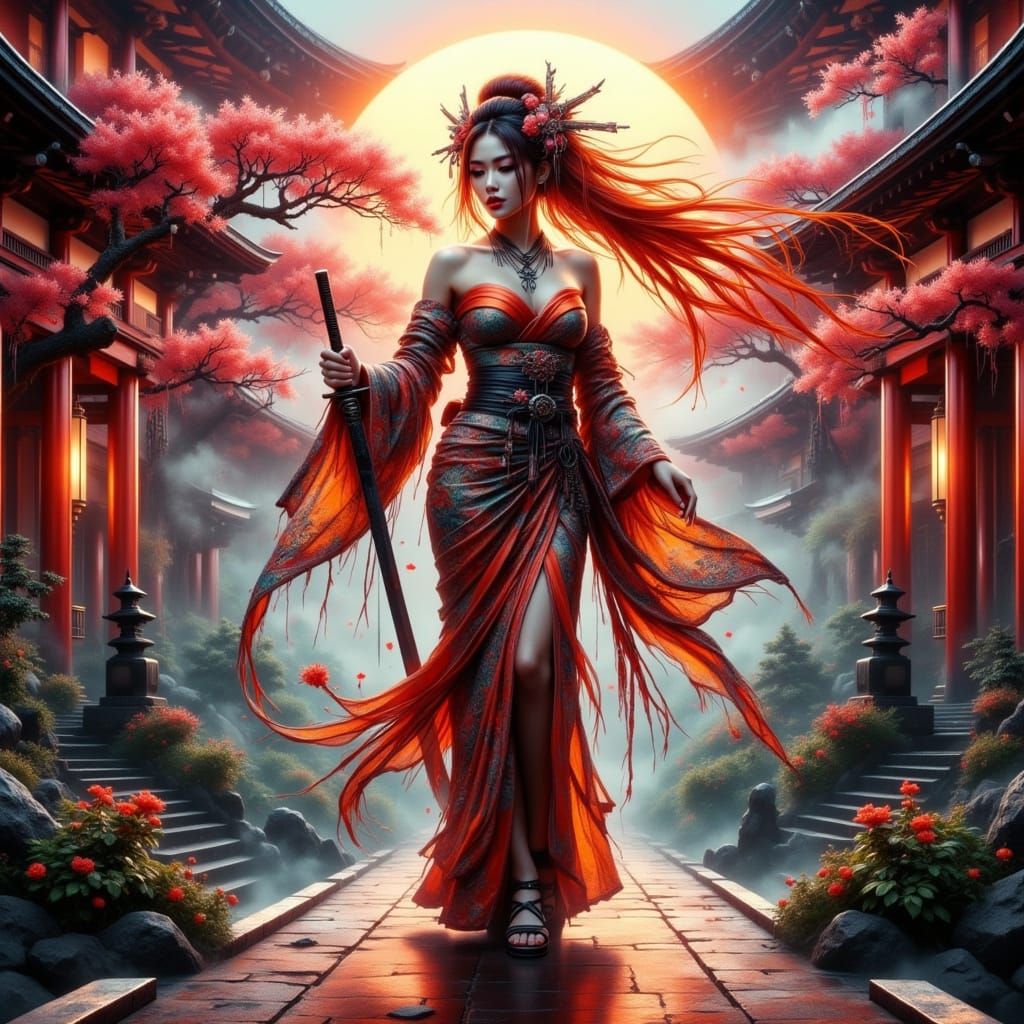 Cyberpunk Geisha with Sword in Futuristic Temple