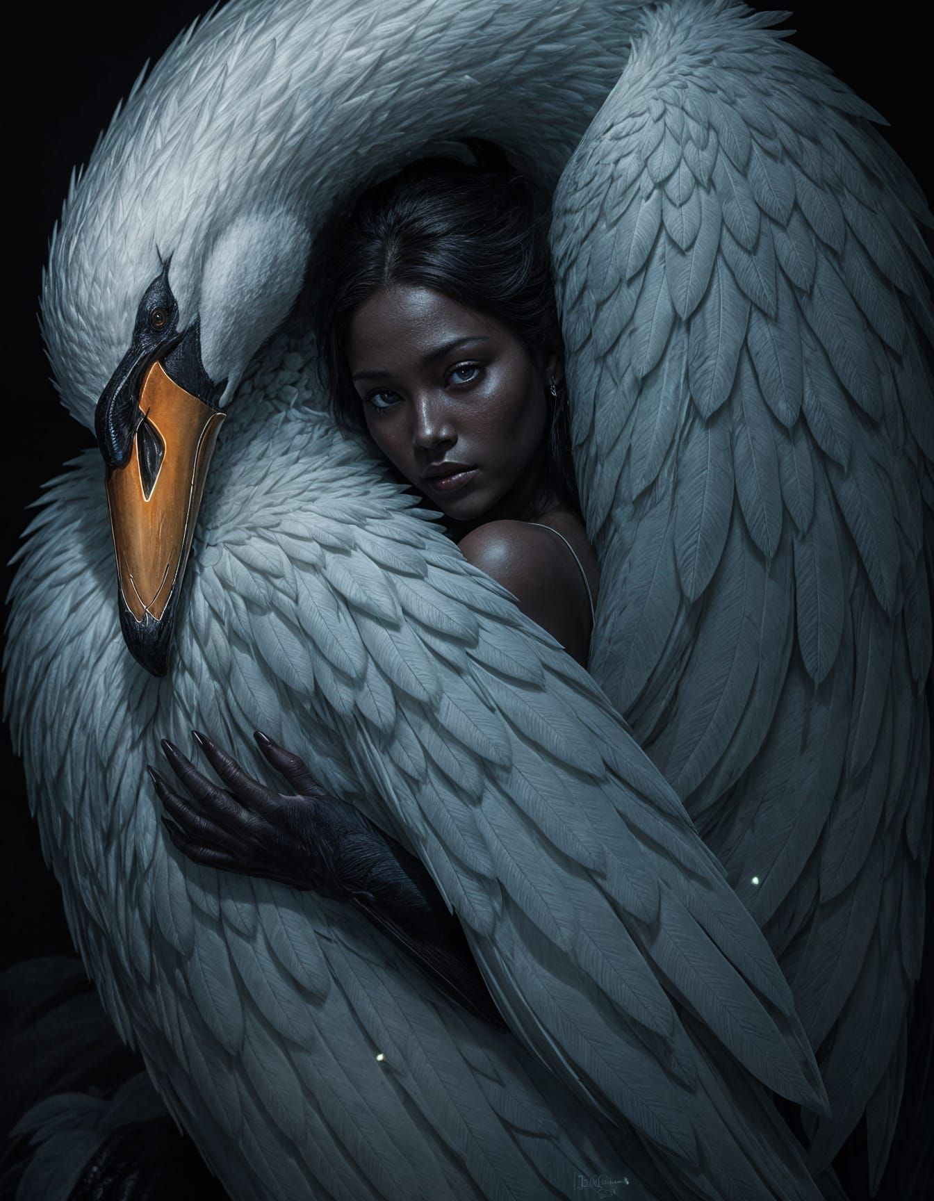 Dark Sorceress Embracing a Majestic Swan in Iridescent Hues