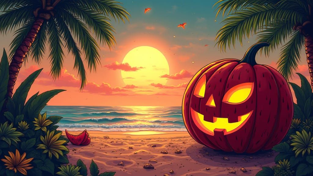 Tiki Beach Party with Jack-O'-Lantern Watermelon in Manga St...