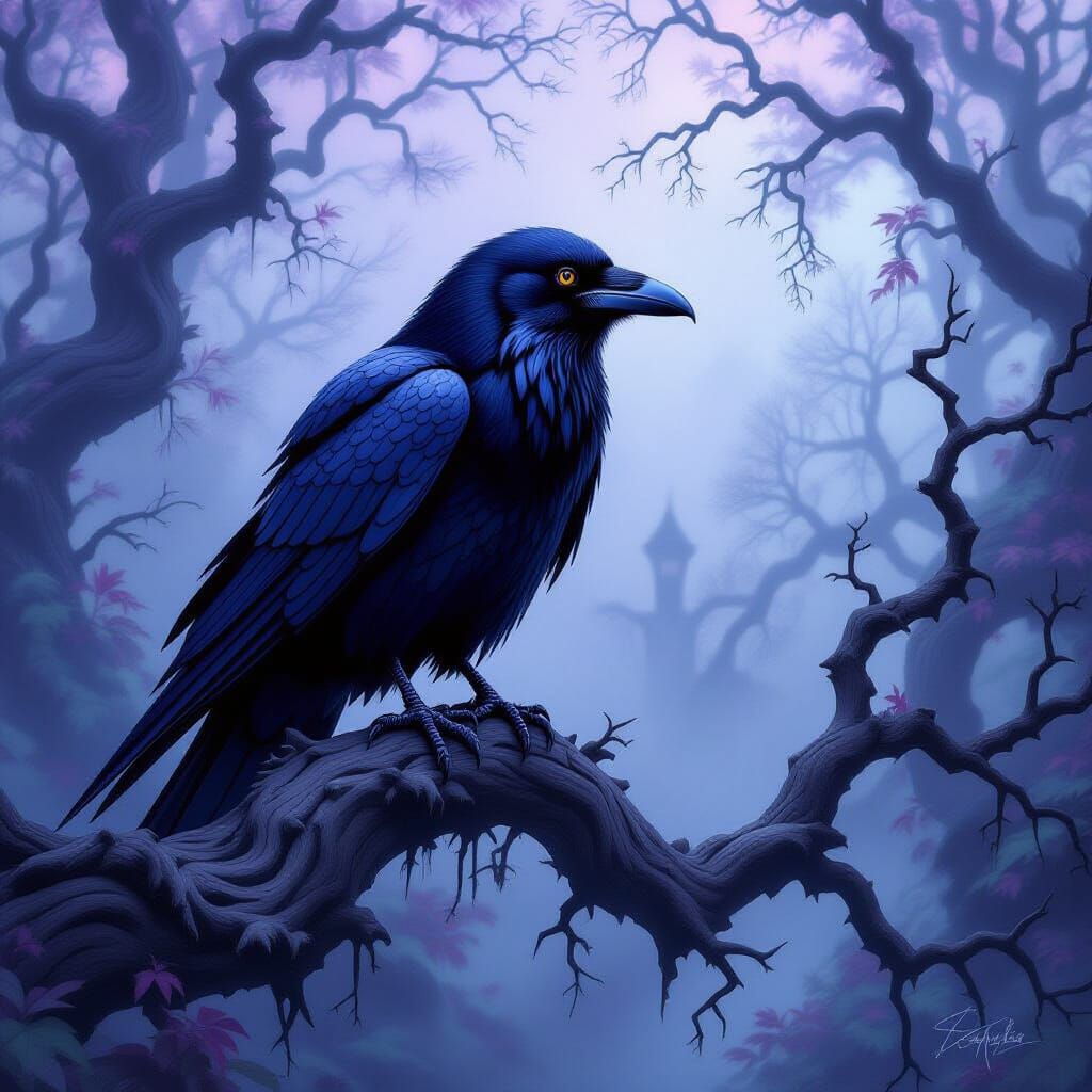 Fractal Raven in Gothic Forest: Dark Fantasy Art