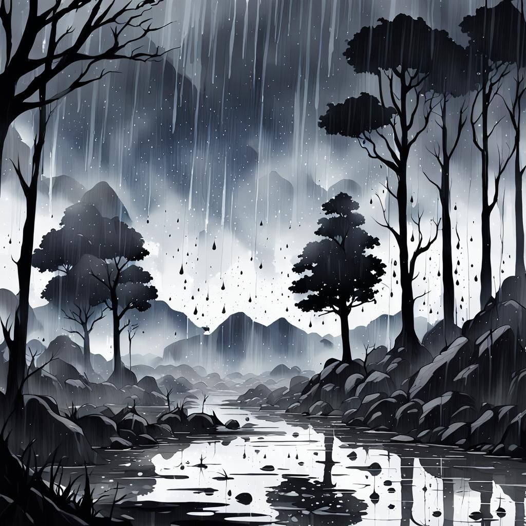 Falling rain, manga style, landscape, black and white