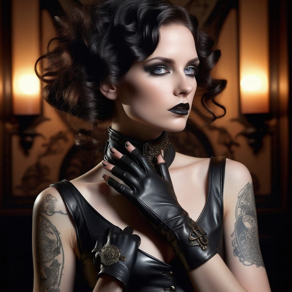 Gothic Art Nouveau Portrait of a Woman in Leather