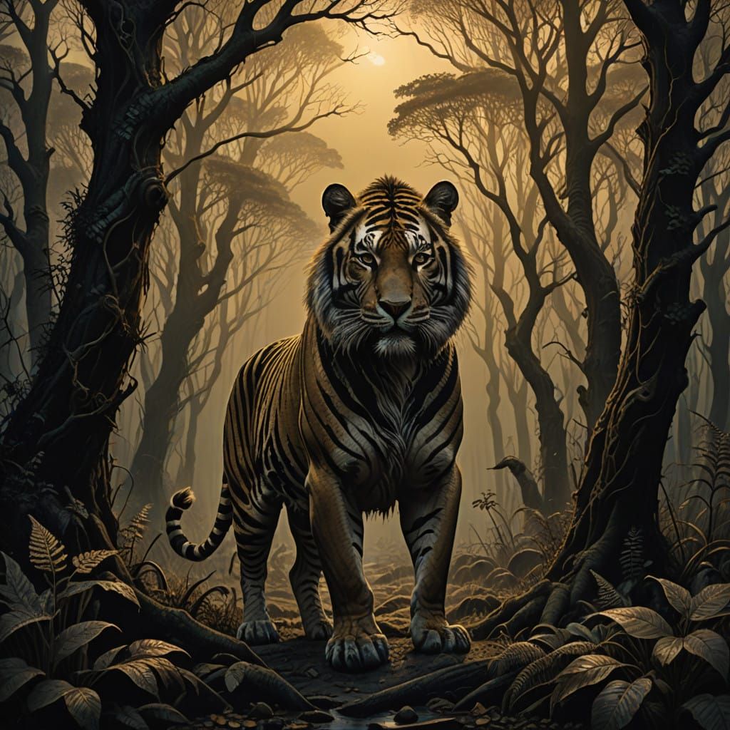 Majestic Zebra-Tiger Hybrid in a Gothic Forest