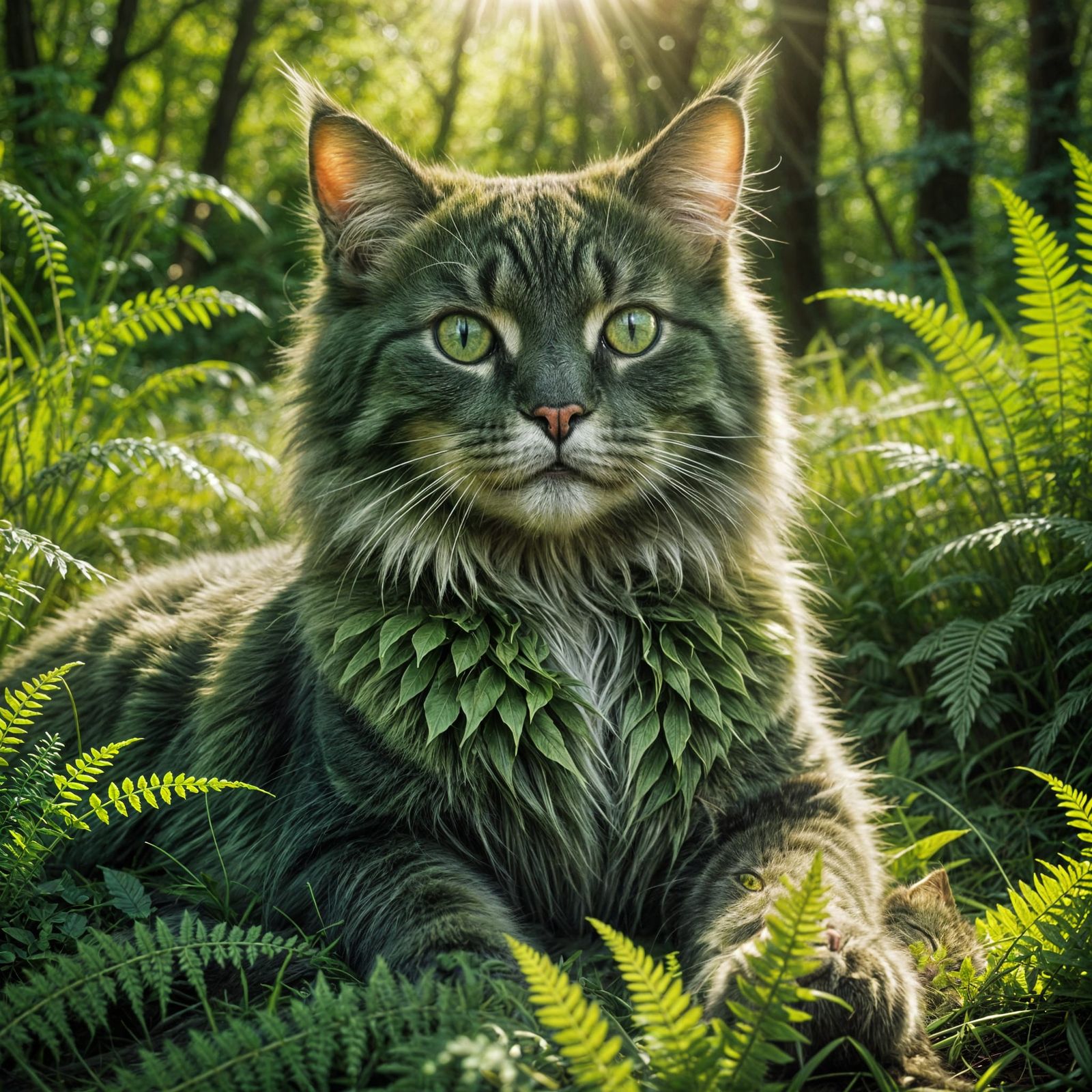 Whimsical Green Furred Cat Basks in Wild Meadow