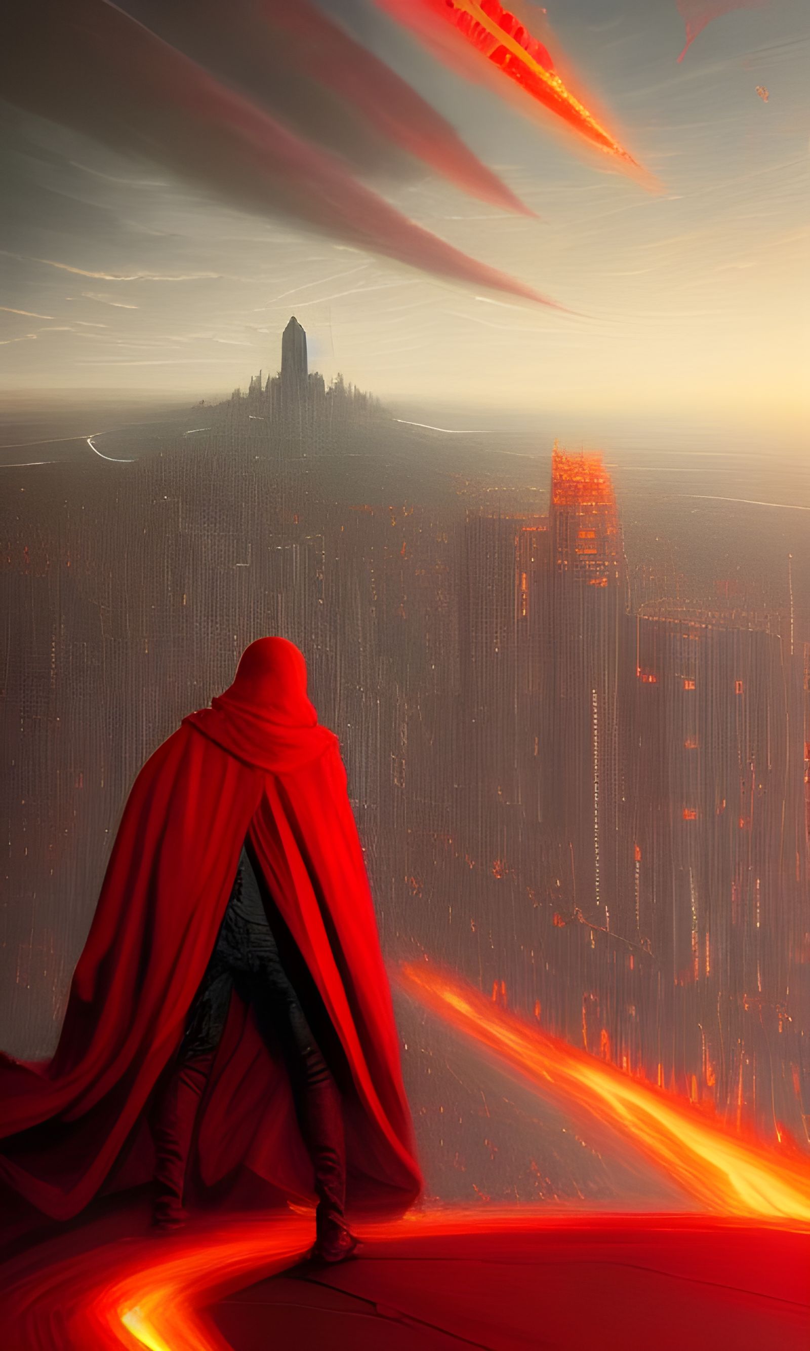Red Cloak Figure in Retrofuturistic Cityscape