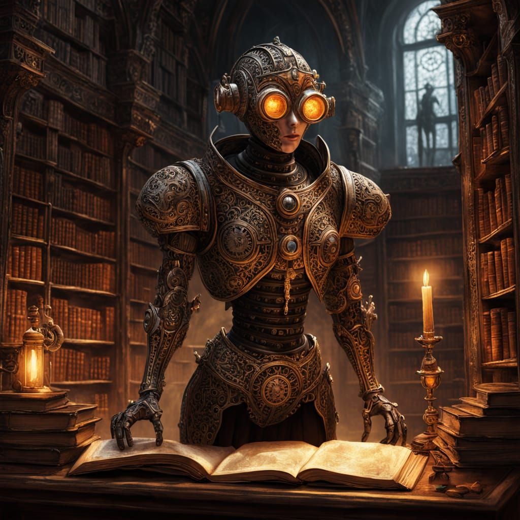 Clockwork Automaton Explores Ancient Library in Dark Fantasy...