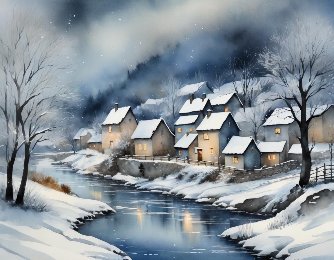 Peaceful Winter Village Under Evening Snowfall