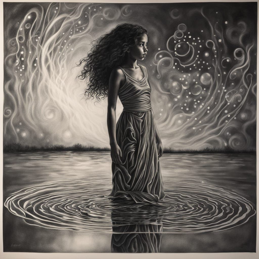 Ethereal Girl in Liquid Silver Dress on Mirrored Surface