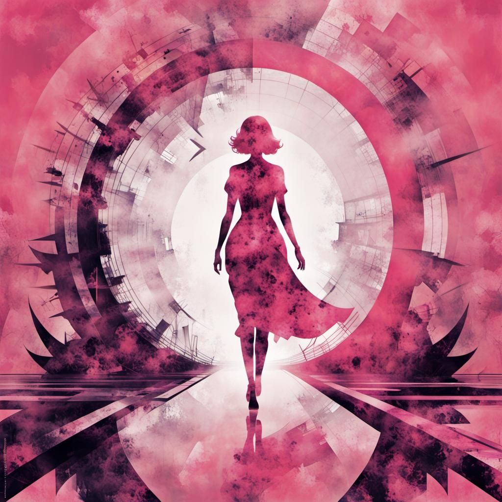 Retrofuturist Poster Art with Mysterious Woman in Pink