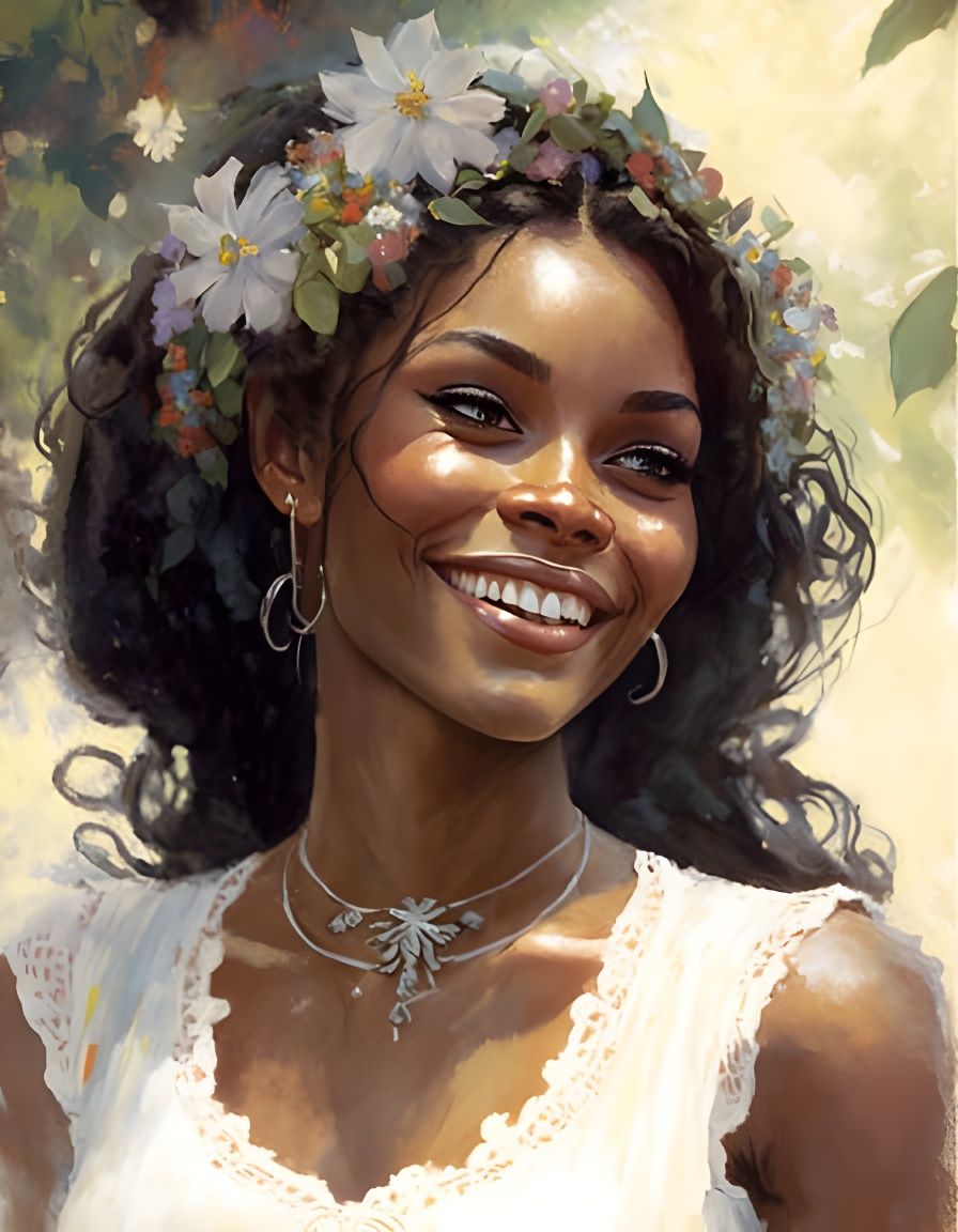 Smiling Black Woman at Garden Party in Pin-up Style