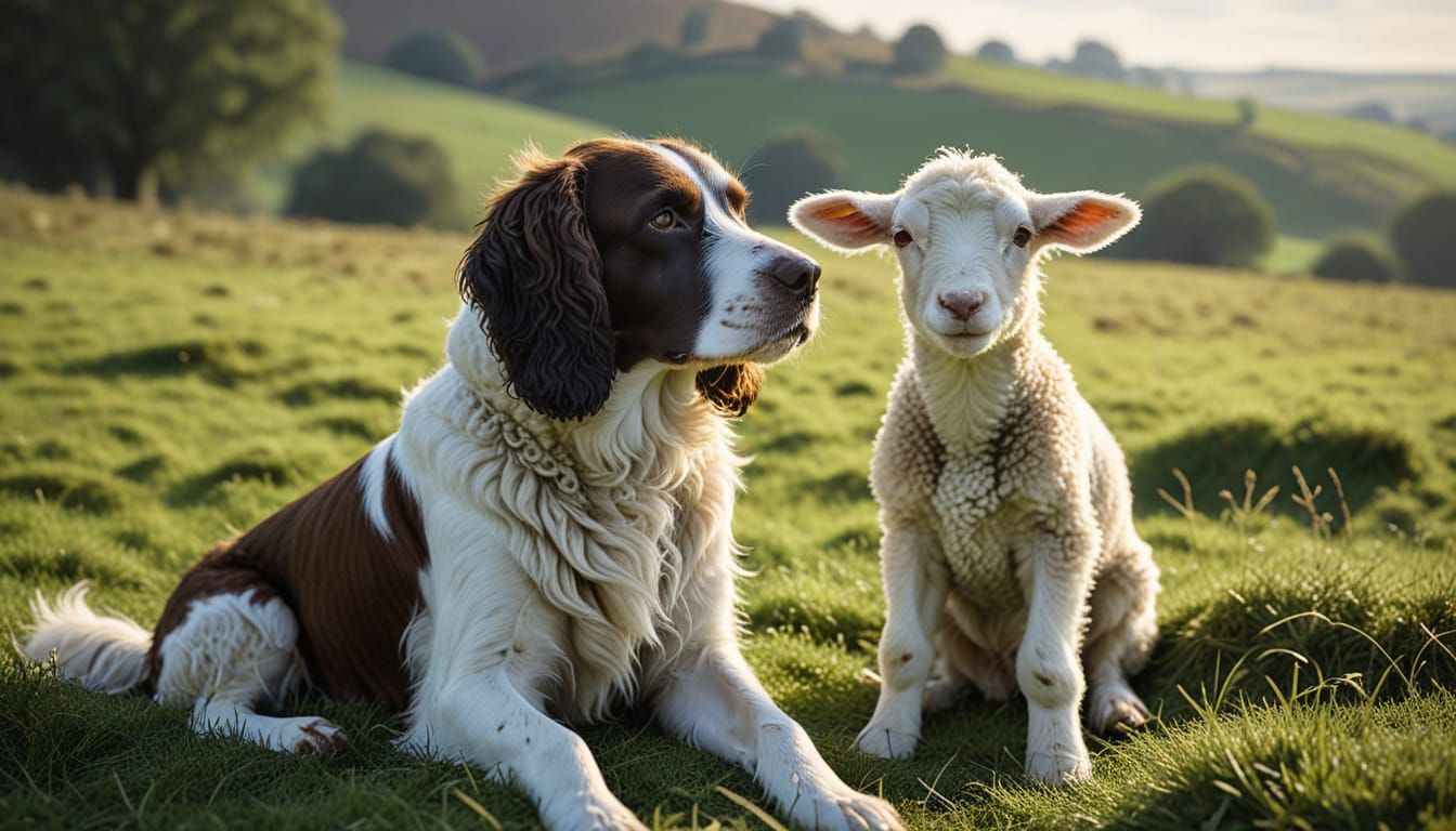 English Springer Spaniel and Lamb in Serene Field