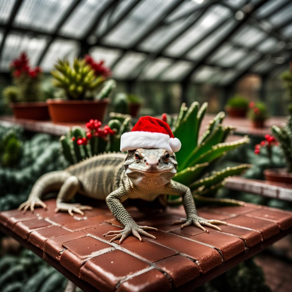 Lizard in Santa Hat in Festive Greenhouse